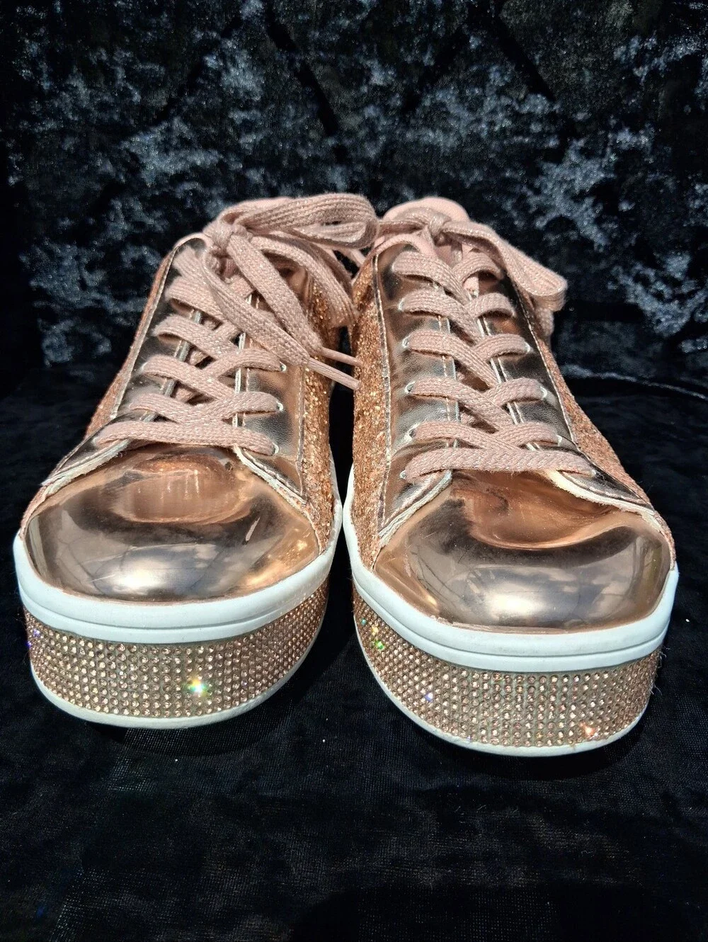 Uubaris Sparkling Glitter Rose Gold Lace Up Fashion Sneakers Size 7.5